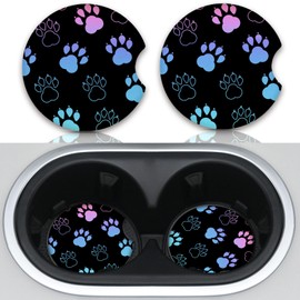 Absorbent Car Coasters for Cup Holders, 2 Pack Universal Neoprene Car Coasters with Finger Slot, Auto Accessories for Women & Men,2.56"(Gradient Black Dog paw Print)