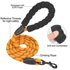 Rope Dog Leash 4 FT for Medium and Large Dogs,Heavy Duty Dog Rope with Comfortable Padded Handle,Waterproof Dog Leash for Walking,Reflective Nylon Dog Leash,Orange