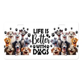 Dog Vanity Decorative Aluminum Front License Plate Car Accessory - Cute Car License Plate - Quality Made in the USA (Life Better with Dogs Cartoon)