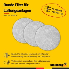 Steinberg14 Round Polyester Filter for Ventilation Systems - Pack of 3 Exhaust Filters - 100 mm Pollen Filter - Air Filter for Heat Recovery - Pollen Filter for Ventilation Grille