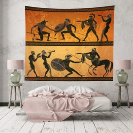 Ancient Greece Warrior Tapestry, Minotaur Hunting Centaur Black Figure Pottery Classical Greek Style Gods Wall Hangings Tapestry for Bedroom Living Room Office Dorm Man Cave Background(60x40 Inch)