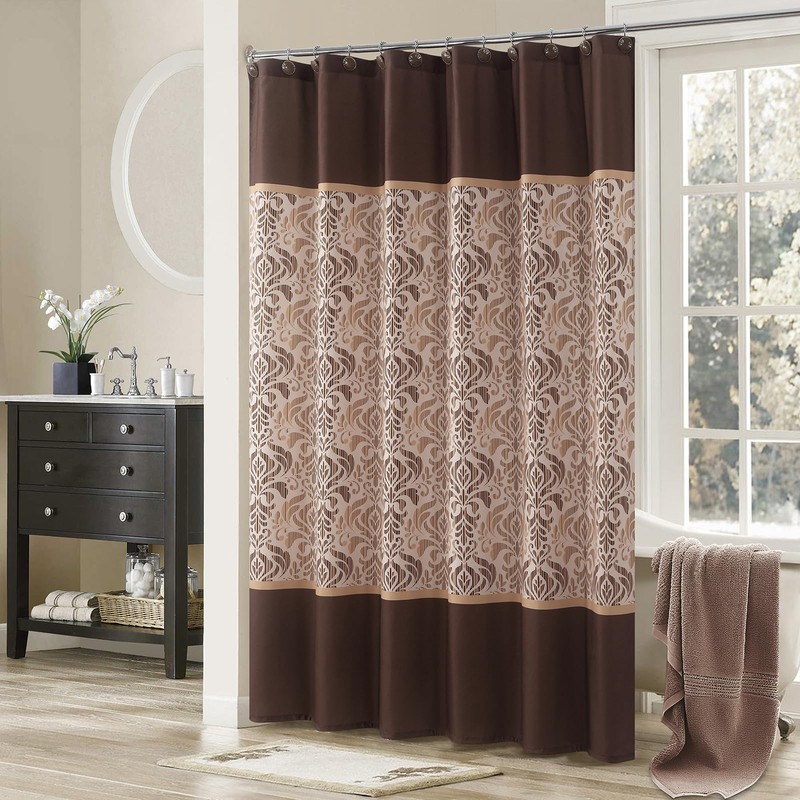 DS BATH Brown Fabric Shower Curtain, Vintage Tan and Gold