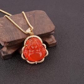 ASGIFT Good Luck Buddha Necklace Luxury Orange Crystal Laughing Buddha Pendant with 18K Gold Plated Chain Dainty Buddah Necklace Jewelry for Women