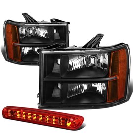 Auto Dynasty Compatible with Sierra GMT900 Pair of Black Housing Amber Corner Headlight + Red Lens LED 3rd Brake Light