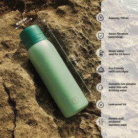 Tappwater BottlePro Adventure Water Bottle 750 ml Thermal Bottle with Filter, Filters 99.99% of Pathogens. For Non-Drinking Water. Reusable Bottle Made of BPA-Free Stainless Steel