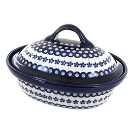 Blue Rose Polish Pottery Flowering Peacock Roaster with Lid