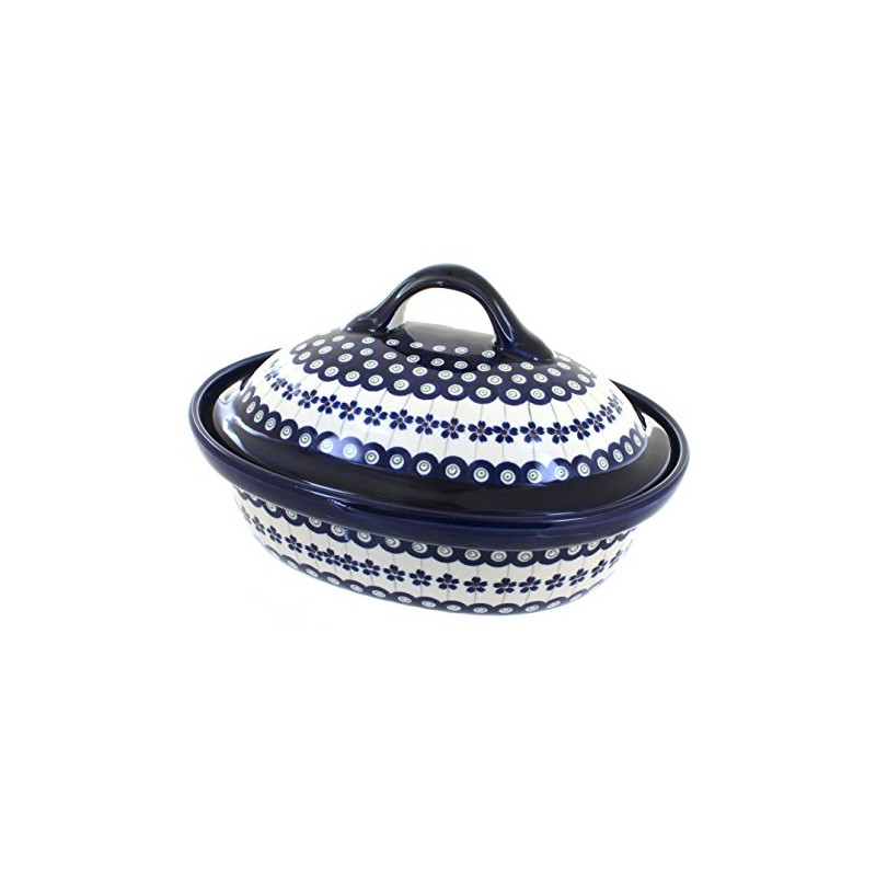 Blue Rose Polish Pottery Flowering Peacock Roaster with Lid