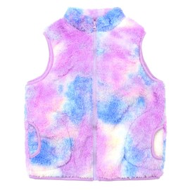 JESKIDS Girls Sherpa Fleece Vest Outwear Lightweight Solid Color Cute Jacket with Pockets 4-5 T Blue Purple Tie Dye