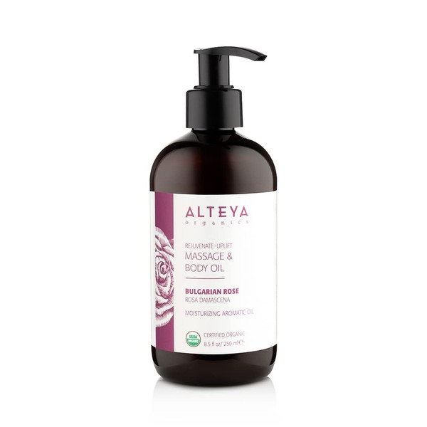 Alteya Organic Massage and Body Oil Blend with Bulgarian Rose 250 ml - USDA Certified Organic Pure Natural Rejuvenating and Nourishing Skin Treatment