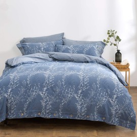 OREISE Duvet Cover Set King Size Washed Cotton Yarn, Jacquard Blue and White Thin Branch Pattern Floral Style 3Piece Bedding Set