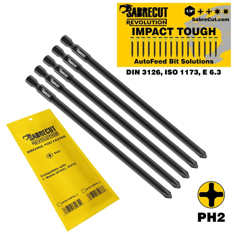 5 x SabreCut AFSC155PH2_5 155mm PH2 Autofeed Collated Drywall Screwdriver
