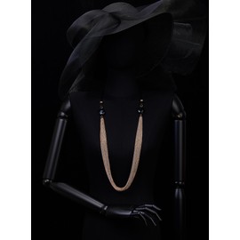 COOLSTEELANDBEYOND Gold Black Silver Statement Necklaces Multi-layer Long Chain with Black Gemstones Charm Pendant, Evening Dress, Leather, No Gemstone