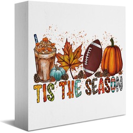 Fall Decor, Fall Decorations For Home Office, Fall Sign, Autumn Decorations, Autumn Football Pumpkin Maple-Leaf Decor, Tis' The Season Sign, Fall Desk Shelf Decor 5 X 5 Inch