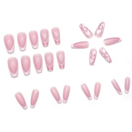 24-pack Long Press-On Nails with Glossy French Tips and Charms for a Stunning Manicure Look