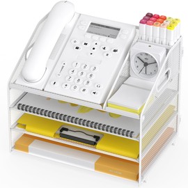 OrgMate Letter Tray Paper, 4 Tier Desk Organizer with Pen Holder and Handle, Mesh File Organizer Paper Sorter Metal Desktop Document Shelf for Office Home Classroom - White