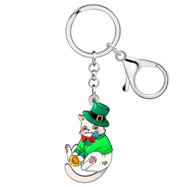 RAIDIN Acrylic St. Patrick's Day Cute Animal with Shamrock Keychain Gifts for Women Fortune Keyring for Irish Festival Party (Cat B)