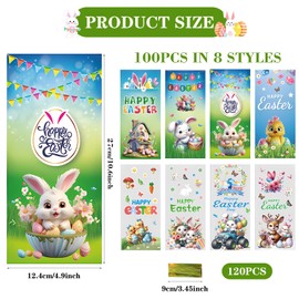 100Pcs Easter Cellophane Sweet Bags 8 Styles Plastics Easter Treat Bags with Twist Ties Bunny,Bhick, Egg Pattern Goodie Bags for Easter Gifts Snack Candy Party Suplly