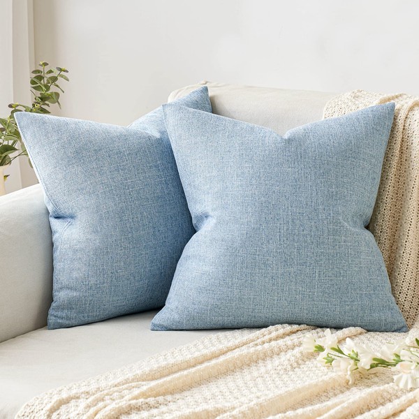 MIULEE Pack of 2 Decorative Throw Pillow Covers Linen Burlap Square Solid Farmhouse Modern Concise Throw Cushion Case Pillowcase for Sofa Car Couch 20x20 Inch 50x50 cm Light Blue