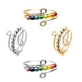 Bessy shop Anti-Stress Ring Set, 4 Pieces, Efficient Relief of Anxiety and Anti-Stress Rings, Colourful Anxiety Spinning Ring with Beads, Adjustable Anxiety Ring for Men and Women