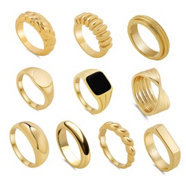 SLOONG 10pcs Classic Chunky Dome Ring Set 14k Gold Plated Ring Signet Ring Stacking Band Ring Trendy Geometric for Women Men #9