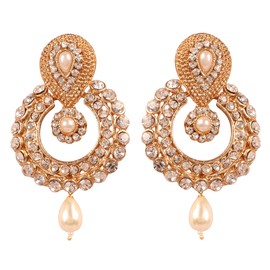 Touchstone Indian Bollywood Chandbali Moon Kundan Polki Look Rhinestones With Hanging Drop Long Bridal Designer Jewelry Chandelier Earrings For Women In Gold Tone, Rhinestones, No Gemstone