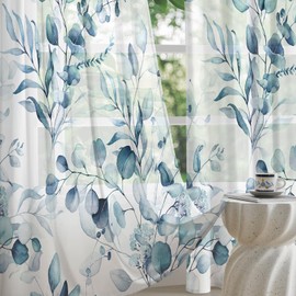 MitoVilla Plant Leaves Sheer Curtains 84 Inches Long 2 Panels, Blue Semi Sheer Curtains Light Filtering, Spring Summer Soft Textured Drapes for Bedroom Living Room Dining Room Window, 52" X 84"