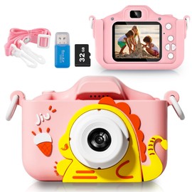 Kids Camera, 48MP & 1080P HD Video Kids Camera for Boys and Girls, Kids Digital Camera with 32GB Card, Dinosaur Case, Birthday Selfie Camera for Kids Age 3-12 Years Old Boys and Girls(Pink)