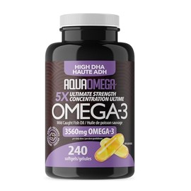 AquaOmega 5X Ultimate Strength High DHA Supplement, Omega 3 Supplements with EPA & Vitamin D, Wild Caught Fish Oil Omega 3 Fatty Acids for Women & Men, Omega3 Fish Oil Supplement Made in Canada, 240 Softgels