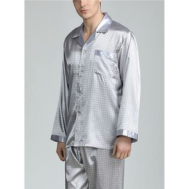 Moonetto Men's Classic Print Silky Smooth Satin Pajama Set Long Sleeve Sleepwear(0001-Grey01-M)
