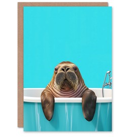 Artery8 Greeting Card Bath Time Cute Walrus in Bathtub Vibrant Fun Blank For Him Or Her Art Birthday Card