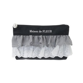 Maison de Fleur Pouch, Drawstring Front Ruffle Pouch, Black