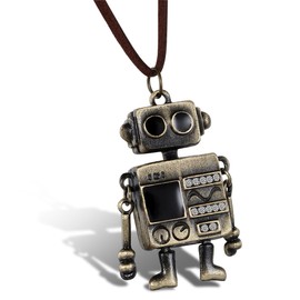 JewelryWe Boys Girls Alloy Leather Pendant Necklace Vintage Bronze Alien Robot Adjustable 31.5 Inch Chain (with Gift Bag)