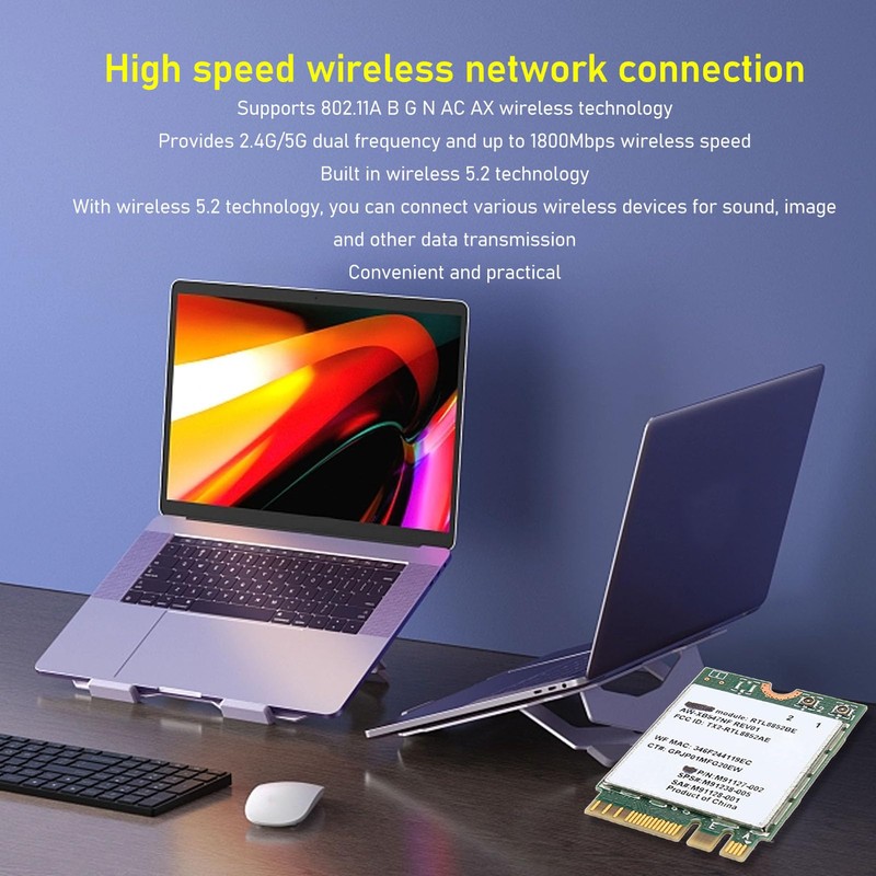 Yunseity RTL8852BE Bluetooth 5.2 M.2 WIFI6 WiFi Card 1800Mbps Dual