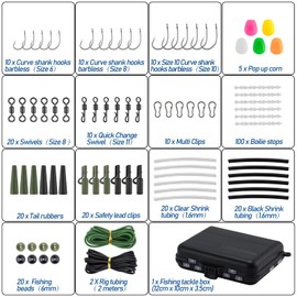 Dr.fish Set of 237 Carp Fishing Tackle in Box Rigs Safety Clips Hooks Swivel Snap Corn Tubing Accessories Green Black