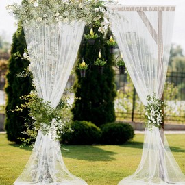 Quandjk Pearl Curtains Backdrop, White Tulle Backgrounds for Wedding Birthday Parties Decorations 2 Panels 5 FT x 10 FT Drapes with Rod Pockets