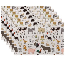 Farm Animals Cow Pig Placemats Set of 6 Place Mats for Kitchen Table Washable Farmhouse Linen Table Mats Dining Decoration 12x18 Inch