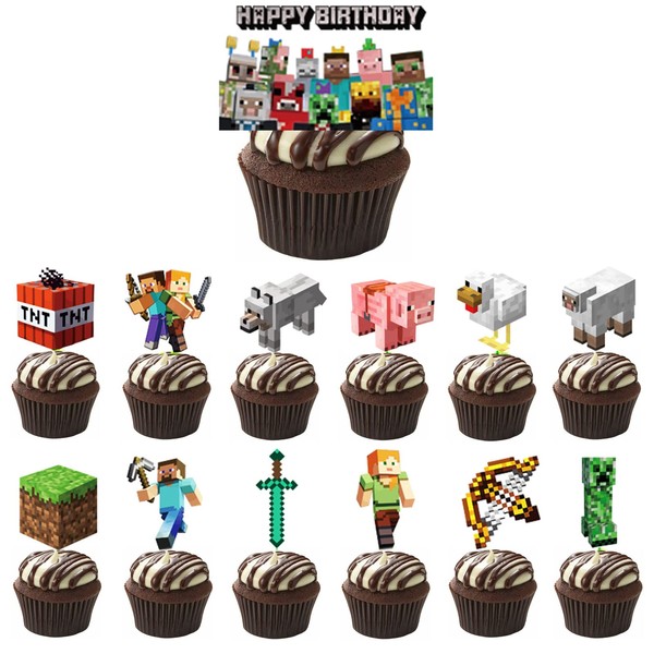VARACL 26PCS Pixel Craft Miner Game Cupcake Toppers, Pixel Miner Crafting Cupcake Toppers, Video Game Cupcake Toppers for Pixel Video Game Party Decorations Supplies