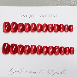 Red Press on Nails Short Square Fake Nails Fall False Nails Cat Eyes Nails Glossy Full Cover Cat Eyes Gel Nail Polish with Solid Color Designs Acrylic Nails Stick on Nails for Women and Girls 24 Pcs
