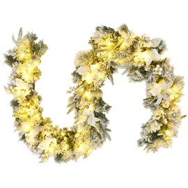 Happygrill 9FT Pre-Lit Flocked Christmas Garland Lush & Natural Looking Battery Operated 50 Warm White LED Lights Luxurious Garland with White Berries & Poinsettias Flowers