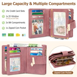 WACCET Women's Small Purse RFID Blocking PU Leather Large Capacity Purse Women's with 14 Card Slots and Zip Coin Compartment Small Purse Women, Vintage Pink, Retro