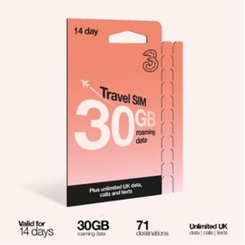 Three 14 Day Travel Sim, Unlimited Voice with 30GB Data Roaming