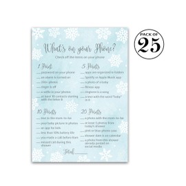 SNOWFLAKES Baby Shower Games — WHAT'S ON YOUR PHONE — Pack of 25 —WINTER Wonderland Baby Shower Game, Baby It’s Cold Outside Frost Holiday BLUE Boy Baby Shower Activity Couples Co-ed Shower G781-PHN