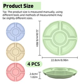 Pack of 4 Snack Plates with 5 Compartments, Round, Stackable Fruit Plates, Plastic, Colourful Candy Plates, Snack Bowl with Compartments, Plastic, Dividers, Reusable Dessert Snack Dispenser for Home
