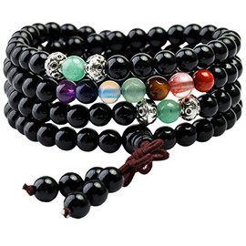 Shanxing 6mm Black Agate & Chakra Crystal 108 Prayer Beads Mala Wrap Bracelet for Men Women, Worry Beads Healing Crystal Bracelet Tibetan Buddhist Jewellery Gift Buddha Reiki Meditation Stone Necklace
