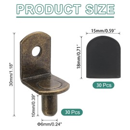 Hunken 30 Pcs Shelf Support Pins, 6 mm L-Shaped Support with Rubber Sleeve, Bronze Cabinet Shelf Pegs for Bookshelves, Glass Corner Shelf & Furniture