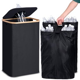 Recycling Bin for Kitchen 26 Gallon, 100L Recycle Bin with 2 Removeable and Reusable Inner Bag, Large Recycling bin with lid for Bottle Can Plastice Stickers (Black)