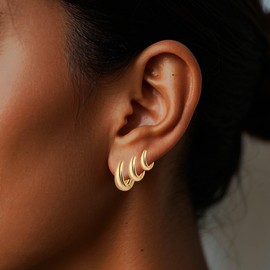 CORIXTAL 3 Pair Gold Small Hoop Earrings Set for Women, 14K Gold Plated Twisted Huggie Hoop Earring Hypoallergenic Thick Open Lightweight Chunky Hoop Earrings Jewelry for Gifts, Brass, No Gemstone