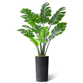 Artificial Tree in Modern Dark Gray Planter, Fake Monstera Silk Tree for Indoor and Outdoor Home Decoration - 65" Overall Tall (Plant Pot Plus Tree)