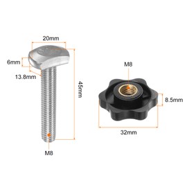 QUARKZMAN Set of 5 T-track Bolt Knob Kit M8 x 45 mm Threaded Bolt M8 x 32 mm Hex Hand Nut Clamping Knob with Washer for Woodworking Gauges and Jigs Black