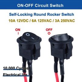 DMWD 5Pcs 15mm Round Rocker Switch Mini Latching Toggle Switch ON Off KCD1 SPST 2Pin Snap-in Design with 5.9" Pre-Wired Cable 10A 12VDC 6A 125VAC for Car Boat Automotive RV Black Button